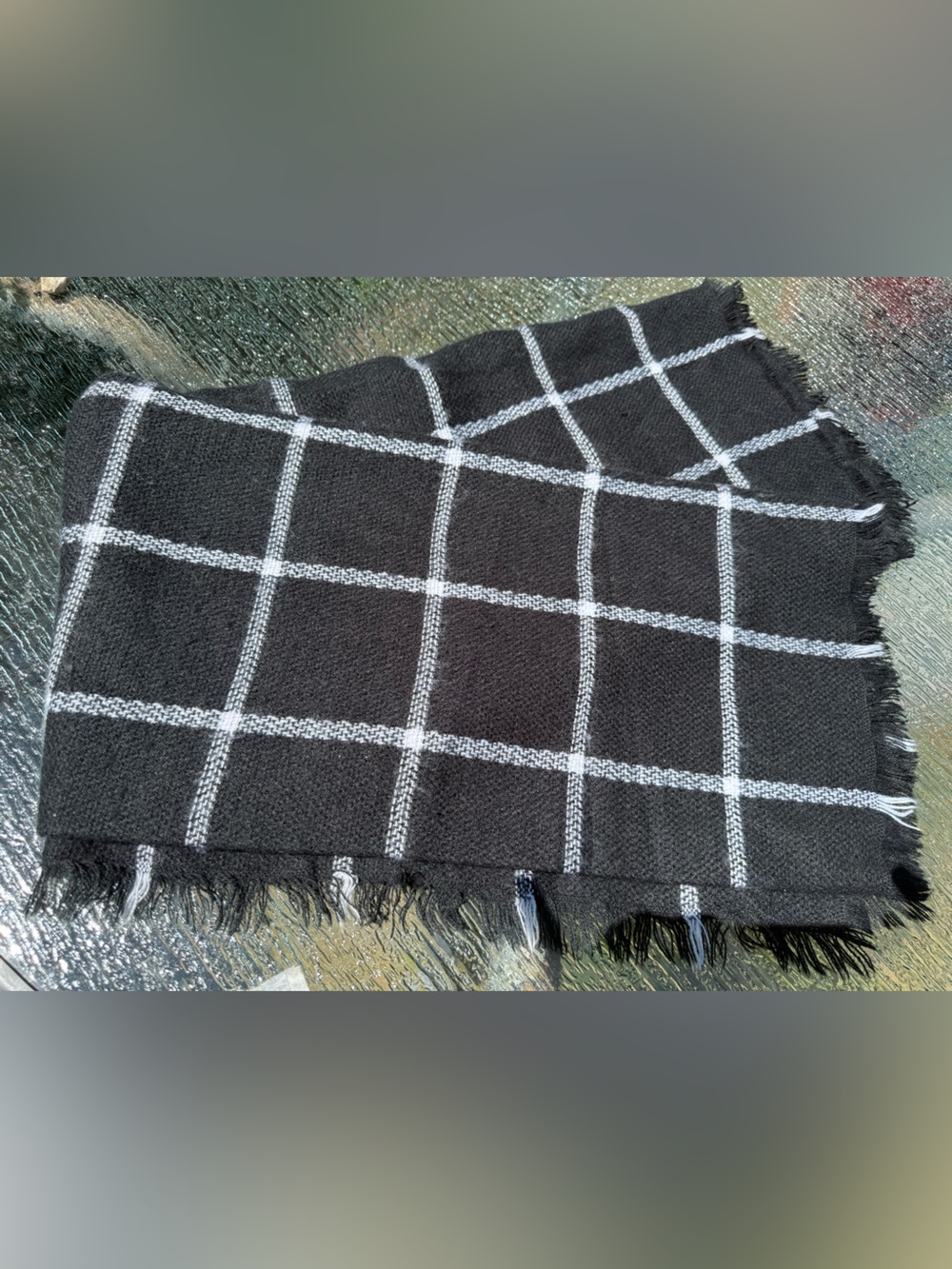 Black Windowpane Fringe Acrylic Scarf EUC